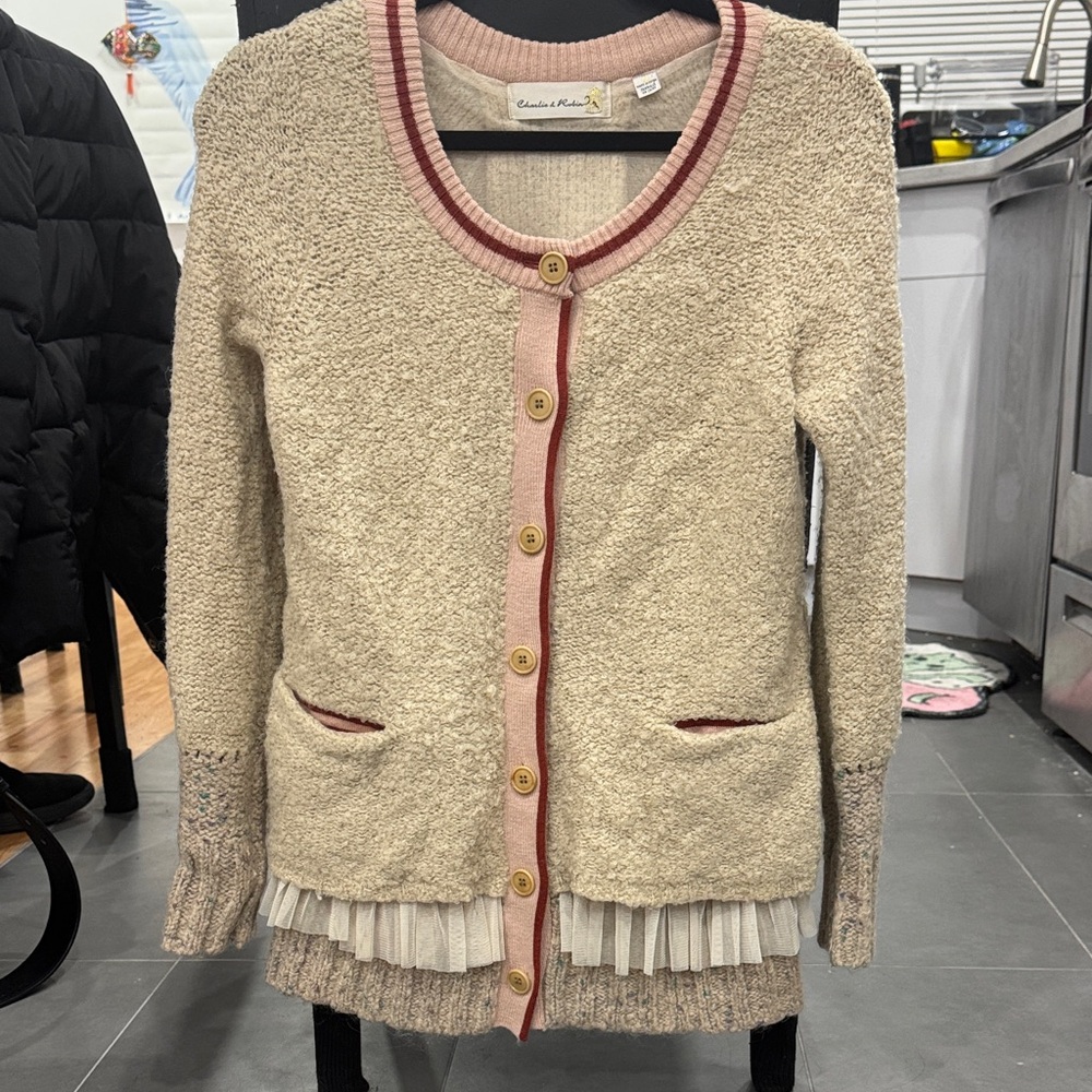 Anthropologie Cream Button-Up Cardigan with Pink and Rust Trim